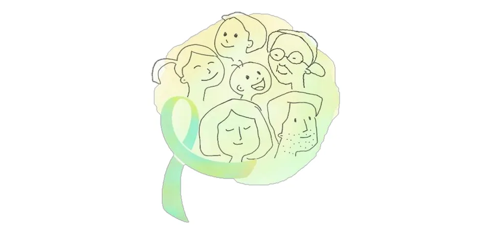 Zeichnung: Sechs lächelnde Gesichter von Kindern und Erwachsenen in einem gelb-grünen Aquarellkreis, links daneben eine grüne Schleife.